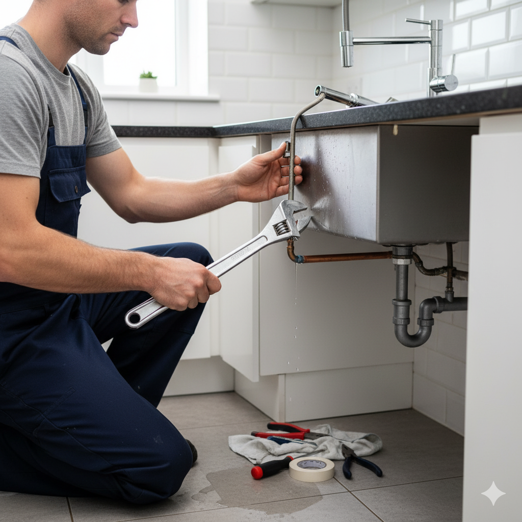 Young professional Plumber installing a Kitchen Tap