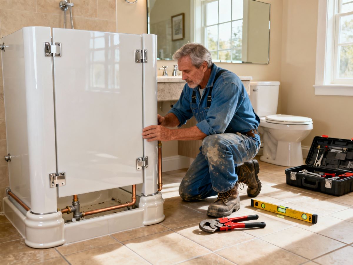 A mature plumber installing a shower stall, work in bathroom