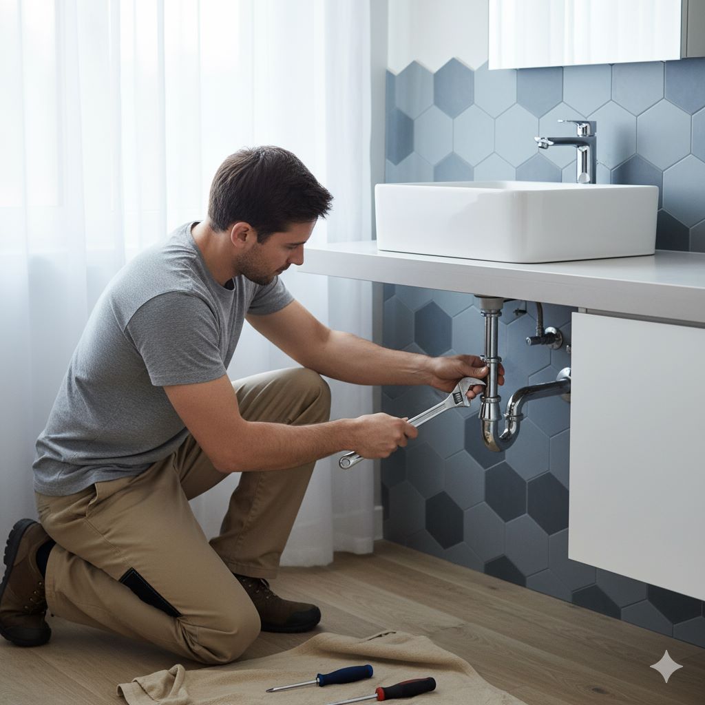 A plumber with light skin installing a modern white rectangular sink with a chrome faucet, using a wrench in a well-lit bathroom with sleek tiles and a vanity.