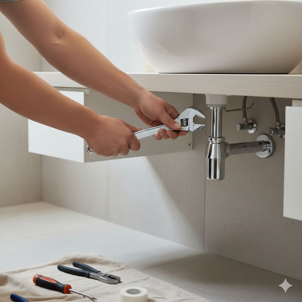 Close up of plumber's hand fixing bathroom sink