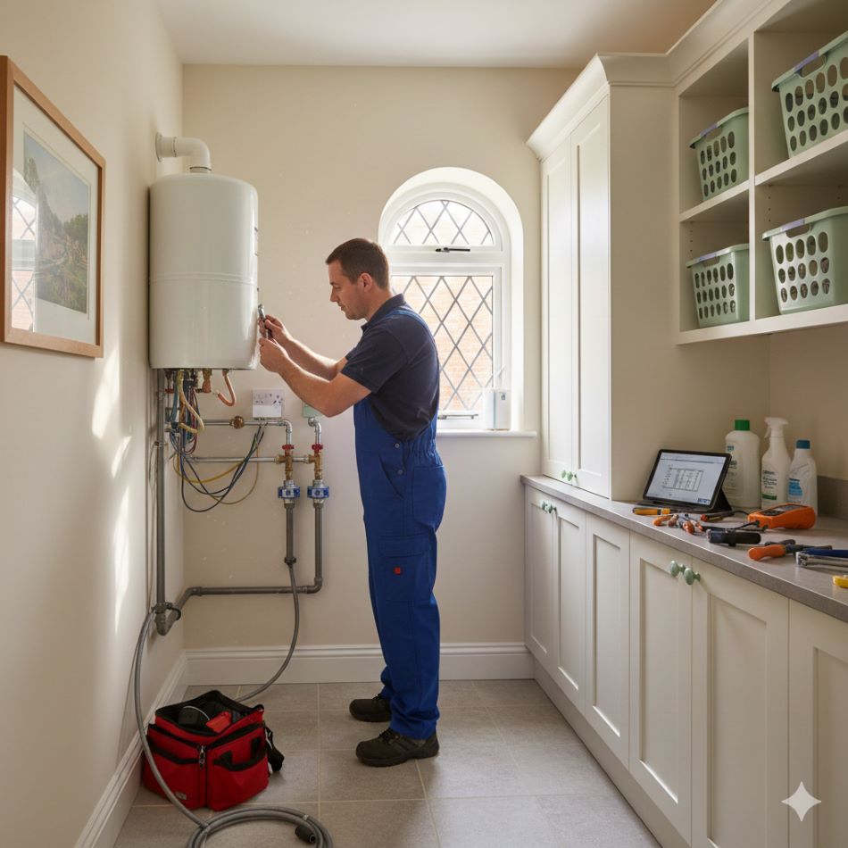 A certified technician servicing a modern hot water system in a Poundbury, Dorset home.