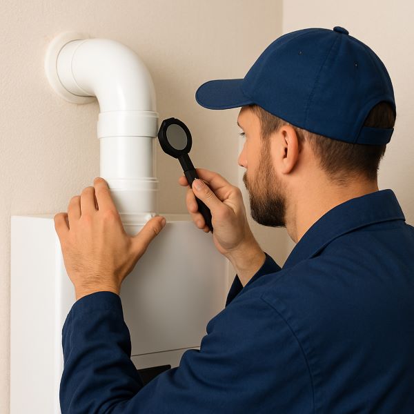 Engineer inspecting boiler flue pipe for safety and performance.