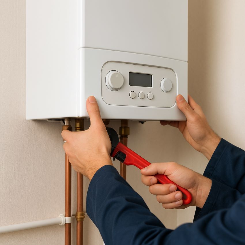 Technician adjusting boiler pipes during professional installation service.